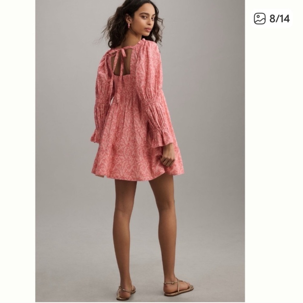 Anthropologie Pilcro pink floral babydoll mini dress with gathered sleeves. L - Picture 7 of 13